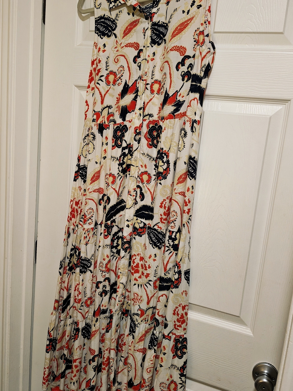 Button-Front Floral Maxi Dress in Cream with Red & Black Print